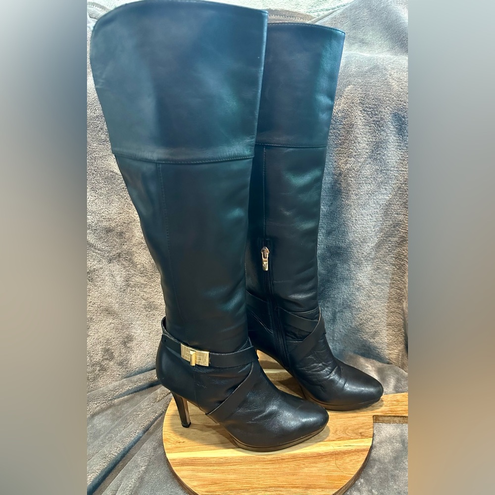 Marc Fisher Black Leather Knee-High Heeled Boots with Gold Buckle